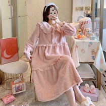 Nightdress womens autumn and winter long sleeves large lapels cute coral velvet Island velvet princess style sweet loose bubble pajamas