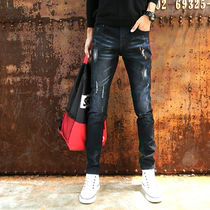 Spring ripped jeans men slim small feet Korean version of the trend black thin stretch tide brand all-match mens trousers