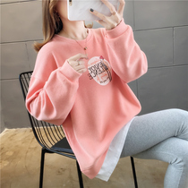 Sweater womens fake two pieces plus velvet autumn and winter New Tide lazy round neck stitching jumper loose long sleeve thick top