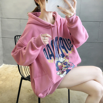 Sweater women plus velvet hooded loose Korean version of lazy wind Joker students long sleeve autumn and winter warm coat outer pullover
