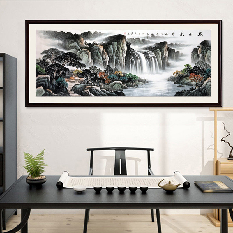 纯手绘国画山水中式水墨画招财客厅办公室风水靠山图横幅装饰挂画