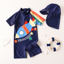  2021 South Koreas new boys  swim suit cute cartoon one-piece long-sleeved sunscreen quick-drying childrens swimsuit