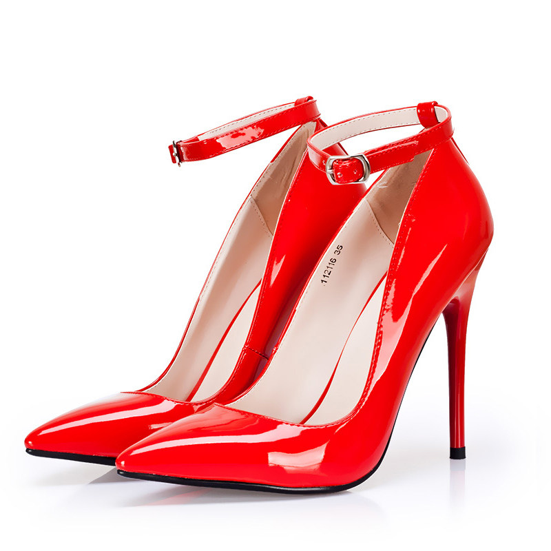 高足秀2017韩版绑带女鞋漆皮尖头超高跟鞋细跟