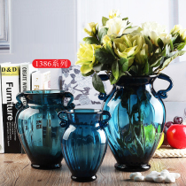Eurostyle Creative Blue Binaural Glass Vase Transparent Living Room TV Cabinet Flower Arrangement Pendulum Pieces Fashion Floral
