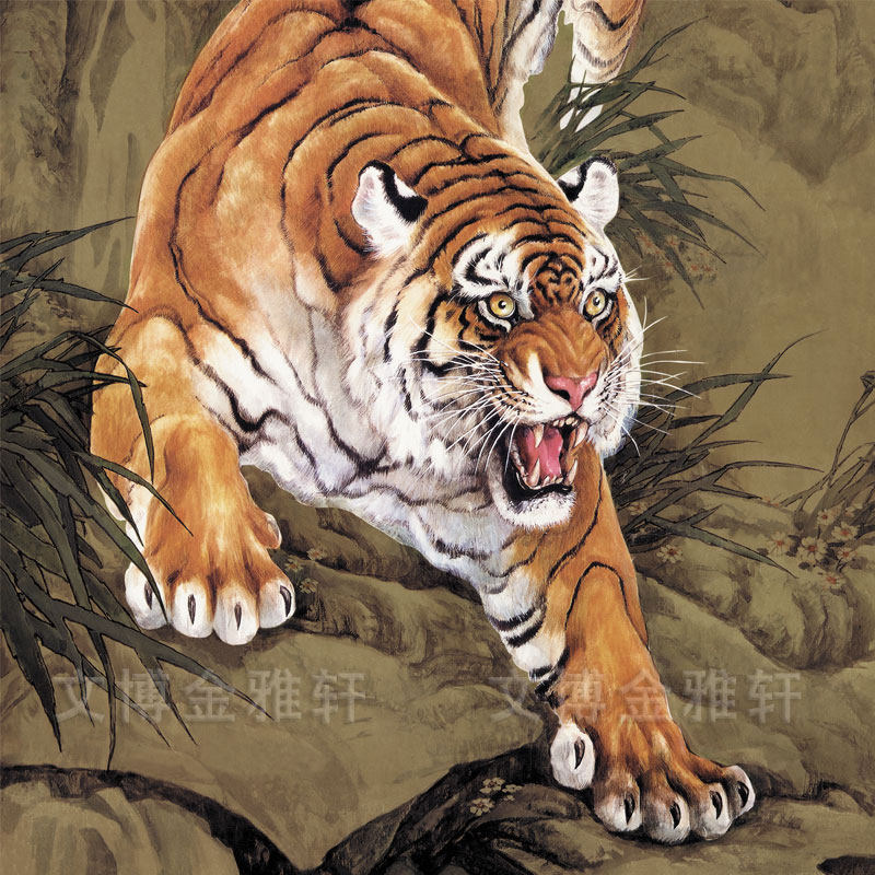 国画老虎卷轴画雄风长啸图丝绸画镇宅辟邪风