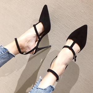 Slim high heel super high suede strap hollow pointed sandals