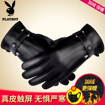 Playboy mens sheepskin gloves winter warm riding motorcycle touch screen plus velvet thick cotton leather gloves