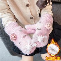 Winter childrens warm gloves all fingers cold-proof sweet princess girl bow baby plus velvet padded gloves