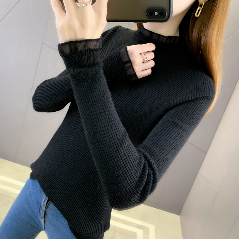 蕾丝半高领毛衣女 新款纯色套头修身打底衫跨境内搭保暖针织衫潮