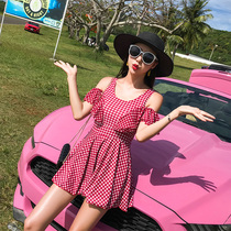 Swimsuit womens one-piece conservative belly-covering boxer skirt 2020 new gathered thin plaid plus size swimsuit