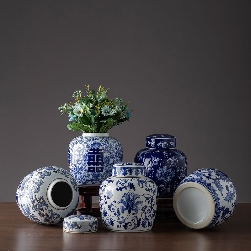 Jingdezhen blue and white porcelain vases, pottery and porcelain flowers grain dry flower household TV ark, sitting room adornment simulation flower arranging flowers