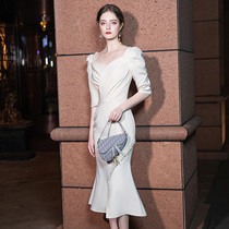 Banquet evening dress 2020 new champagne color usually can wear high-end fishtail birthday dress female niche light luxury