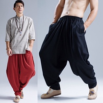 Loose velvet crotch pants mens fashion brand Chinese style autumn and winter ethnic mens pants Prince pants wide legs thick legs thin pants
