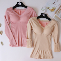 Thermal underwear womens thick plus velvet autumn clothes V collar lace body shaping body top tight size with chest pad winter