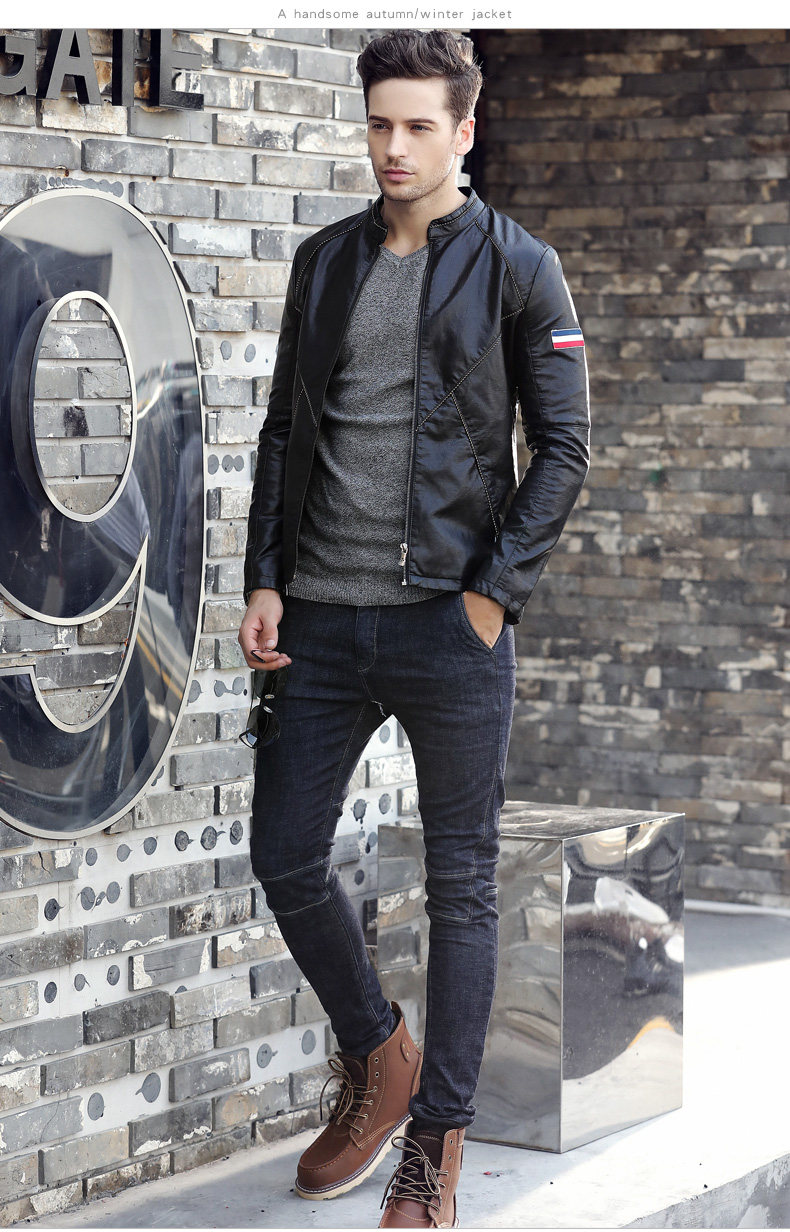 男装2017男士时尚潮流机车立领皮衣青年外套男式外风衣