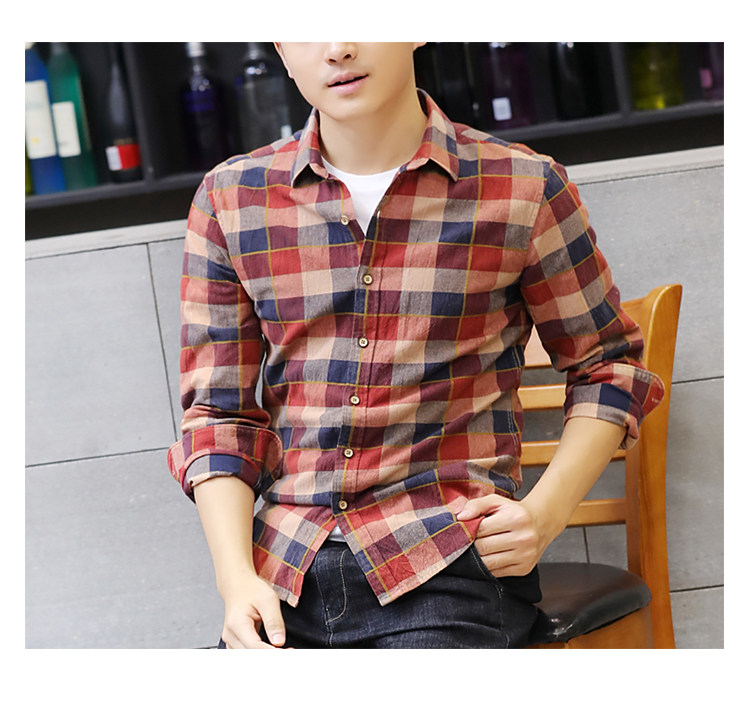 加厚男士长袖格子衬衫纯棉休闲衬衣男装上衣修身百搭