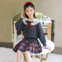Girls dress autumn dress new foreign style Net red popular childrens clothing little girl college style knitwear two-piece skirt