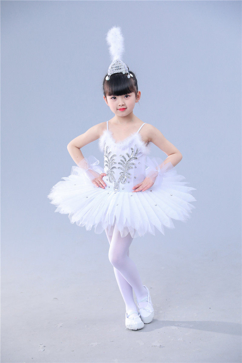 儿童小天鹅芭蕾舞服女 少儿吊带亮片蓬蓬白纱裙 成人天鹅湖演出服