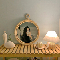 Nordic French retro literary ins rattan mirror handmade round hanging mirror porch bedroom home accommodation mirror