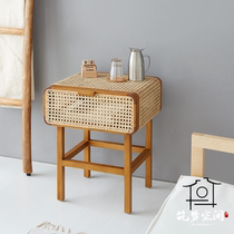 ins style French retro bedside table solid wood rattan small side simple modern Nordic home bedroom locker