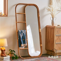 Nordic ins full-length mirror dressing mirror cosmetic mirror home bedroom retro floor-to-ceiling dressing Real rattan homestay Net Red