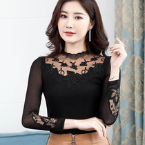 Turtleneck plus velvet fashion western style lace bottoming shirt female sense mesh top wild autumn and winter new long-sleeved inner match