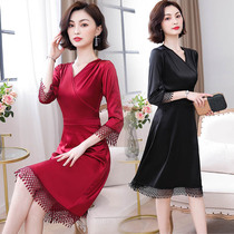 Autumn and summer satin v-neck dress womens waist is thin three-quarter sleeve temperament loose belly cover mid-length a-line skirt lace