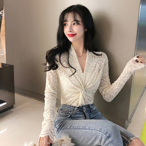 Spring 2020 Korean elastic lace V-neck lace shirt woman