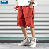 Summer solid color stitching tooling shorts Mens tide brand large size pants loose five-point pants fat mid-length pants beach pants