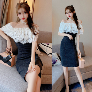 Sexy celebrity one line Lace Ruffle denim slim dress