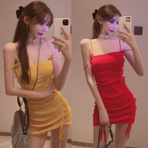 Sexy nightclub anchor suspender drawstring pleated suspender knitted dress