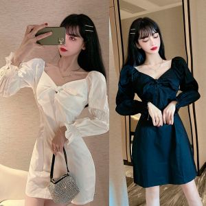 New style bubble sleeve long sleeve waist bow dress