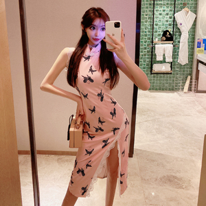 Sexy nightclub Decor improved mid long split lace cheongsam dress