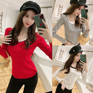 Long sleeve color block round neck T-shirt women’s mind waist back bottoming top