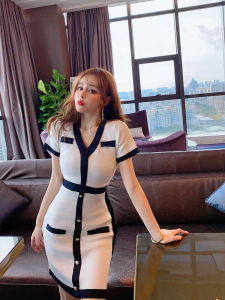 New sexy girl’s color matching knitted slim wrap hip dress