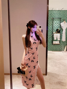 Sexy nightclub Decor improved mid long split lace cheongsam dress