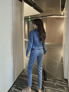 New long sleeve waist collection denim jacket + high waist denim pants two piece suit