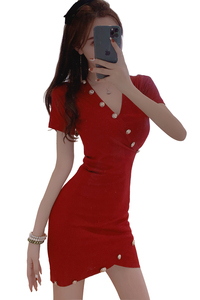 Short sleeve sexy V-neck waistband button knit irregular wrap hip dress