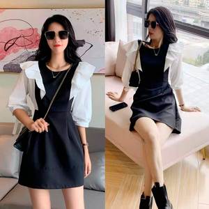 New Hong Kong style matching Ruffle 5 / 4 sleeve open waist small black skirt dress