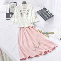 Retro cotton linen National style new two-piece literary embroidery disc buckle stand collar flared sleeve set 1938