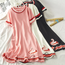 2021 spring new color color wood ear waist waist thin swan embroidered knitted dress women 2326