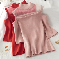 2021 Spring and Autumn New slim slim Joker mesh splicing strapless turtleneck shirt women D26