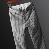Gentleman plaid suit pants Mens summer thin ice silk straight casual pants business formal nine-point pants