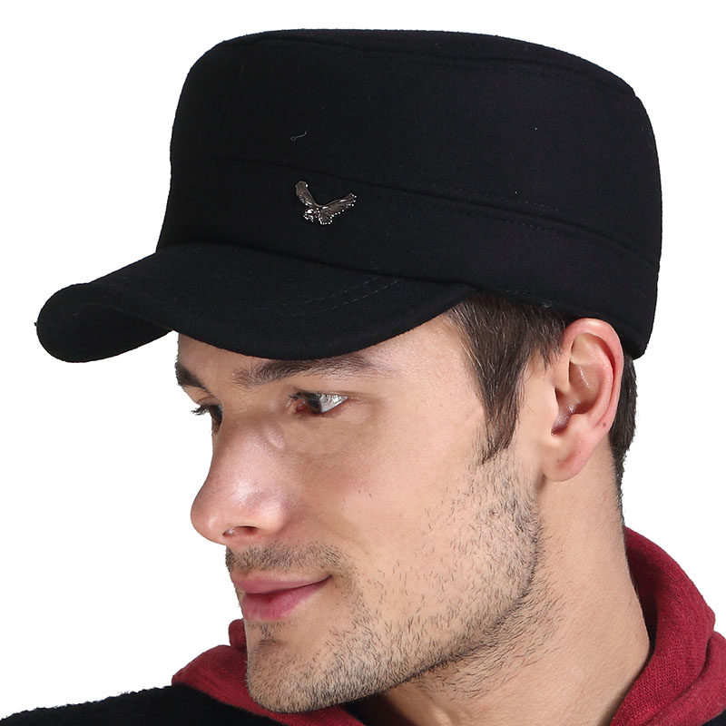 冬帽男保暖澳洲羊毛呢平顶军帽加厚护耳鸭舌帽中老年大头围防寒帽_7折