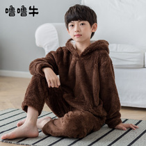 Kids Pajamas Boys Autumn Winter Flannel Thickening Middle Large Kids Spring Autumn Baby Boys Coral Fleece Home Clothing