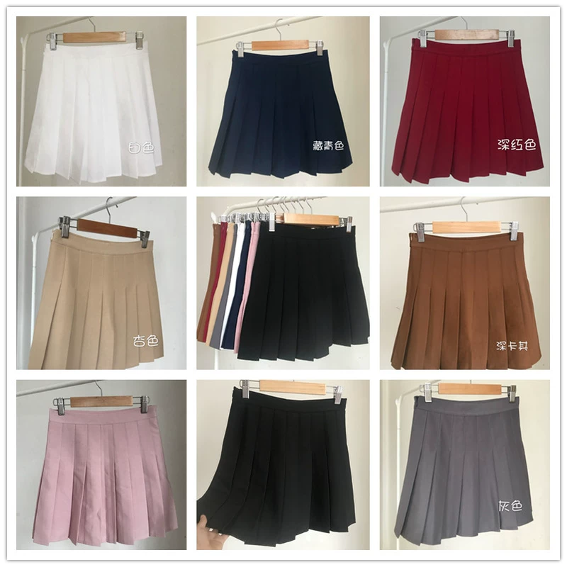Nhỏ 145 cm cộng với kích thước nhỏ XS eo cao xếp ly váy ngắn nữ 150 cm đại học phong cách a-line nửa chiều dài váy mùa thu - Váy