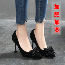 foot width female high-heeled shoes 5cm fine bow suede l shoes 41 43 lady foot fertilizer shoes black