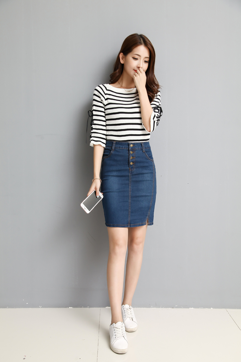 实拍高腰牛仔裙女中款弹力修身显瘦短裙包臀铅笔牛仔半身裙