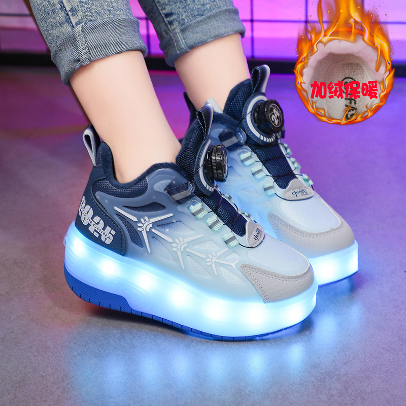 Winter Plus Cotton Children Riot Walking Shoes Boys Wheels Skating two rounds Walking Shoes Elementary School Kids With Skate Wheels Warm Children Shoes-Taobao