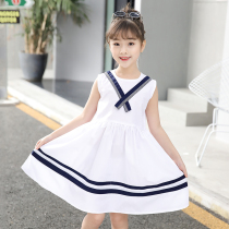 Girls College style dress Childrens middle and large children sleeveless solid color summer jumpsuit long dress Little girl Western style skirt